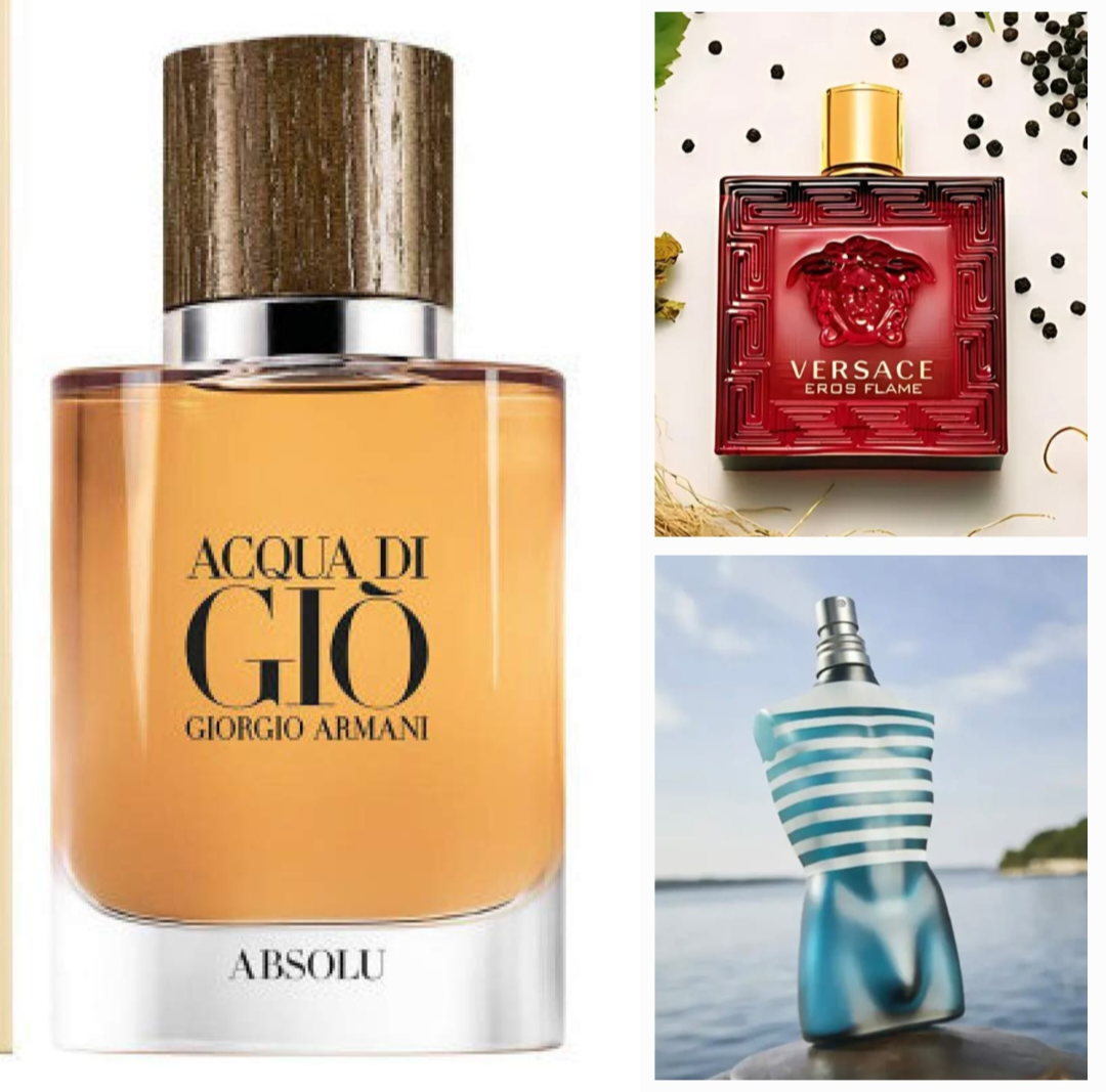 ⚡💎🔥 TRÍO IRRESISTIBLE – ACQUA DI GIO ABSOLU • VERSACE EROS • FLAMELE MALE 🌊✨💙